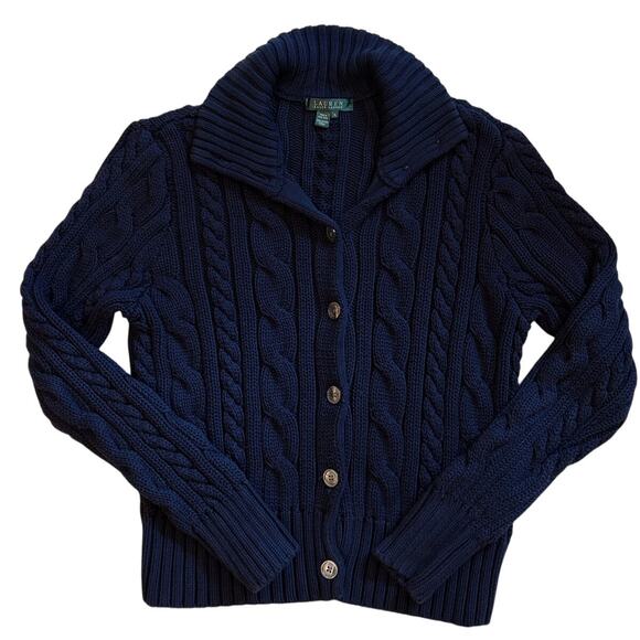 Lauren Ralph Lauren Sweaters - Vtg Lauren Ralph Lauren Cardigan Sweater Womens XL Blue Cable Knit Button Front